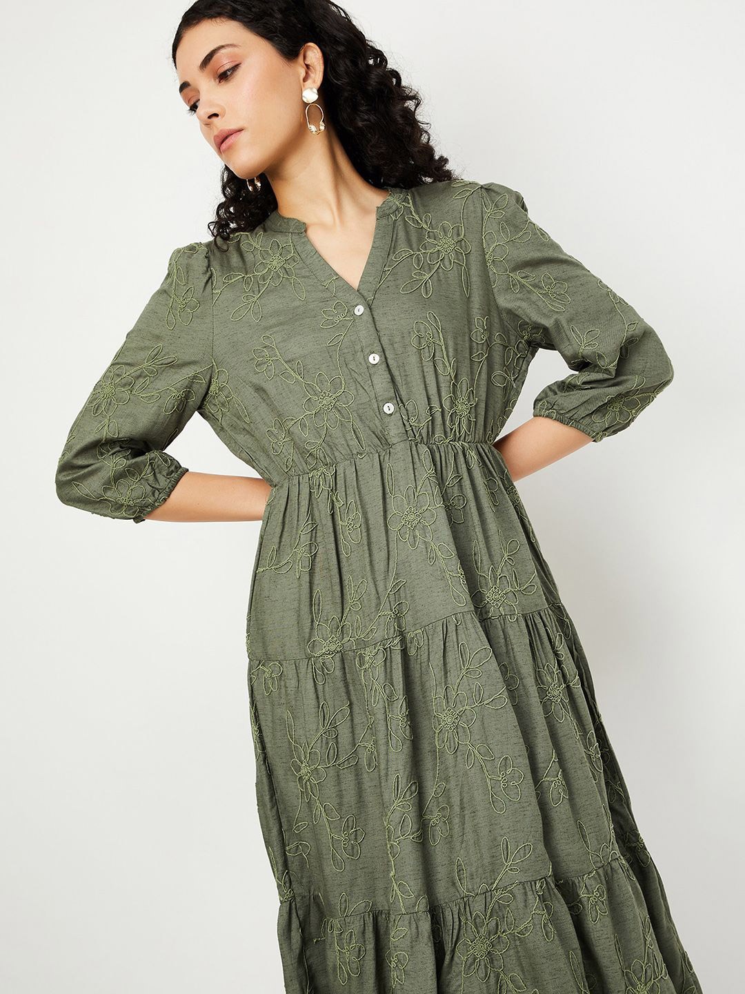 

max Women Floral Embroidered Puff Sleeve Fit - Flare Midi Dress, Green