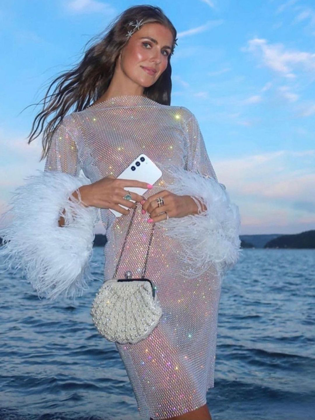 

KPOP Women Sheer Embellished Bodycon Dress, White