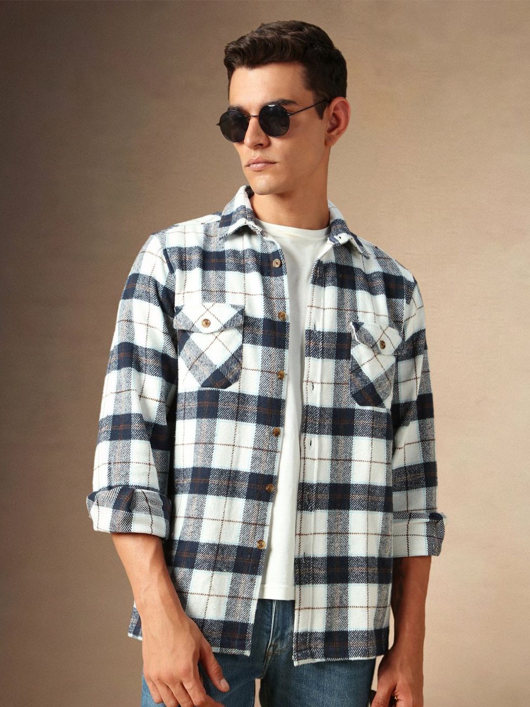 

Dennis Lingo Men Spread Collar Flannel Checked Cotton Relaxed Fit Shacket, White