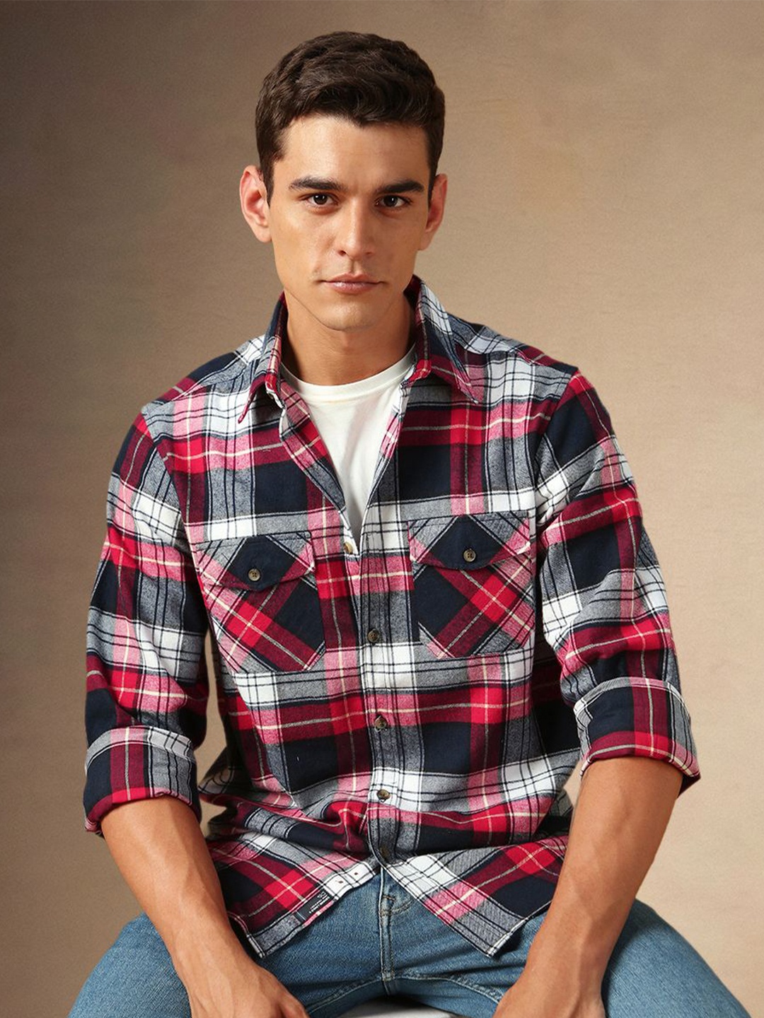 

Dennis Lingo Men Spread Collar Flannel Checked Cotton Relaxed Fit Casual Shirt, Navy blue