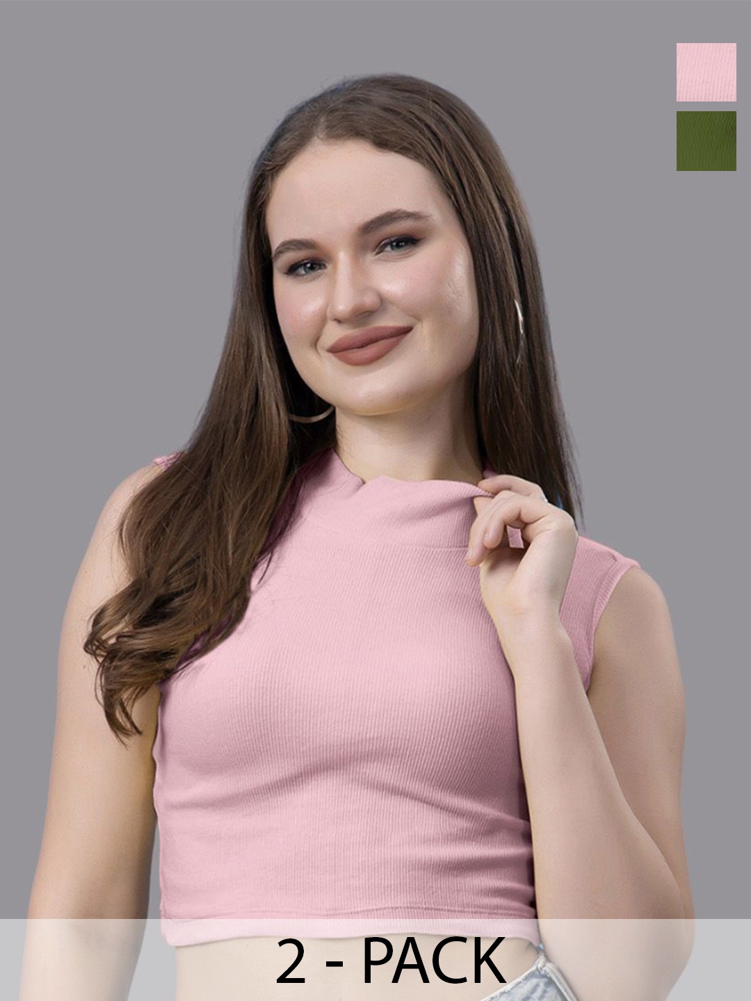 

Friskers Pack Of 2 Women Cotton Sleeveless High Neck Crop Top, Coral
