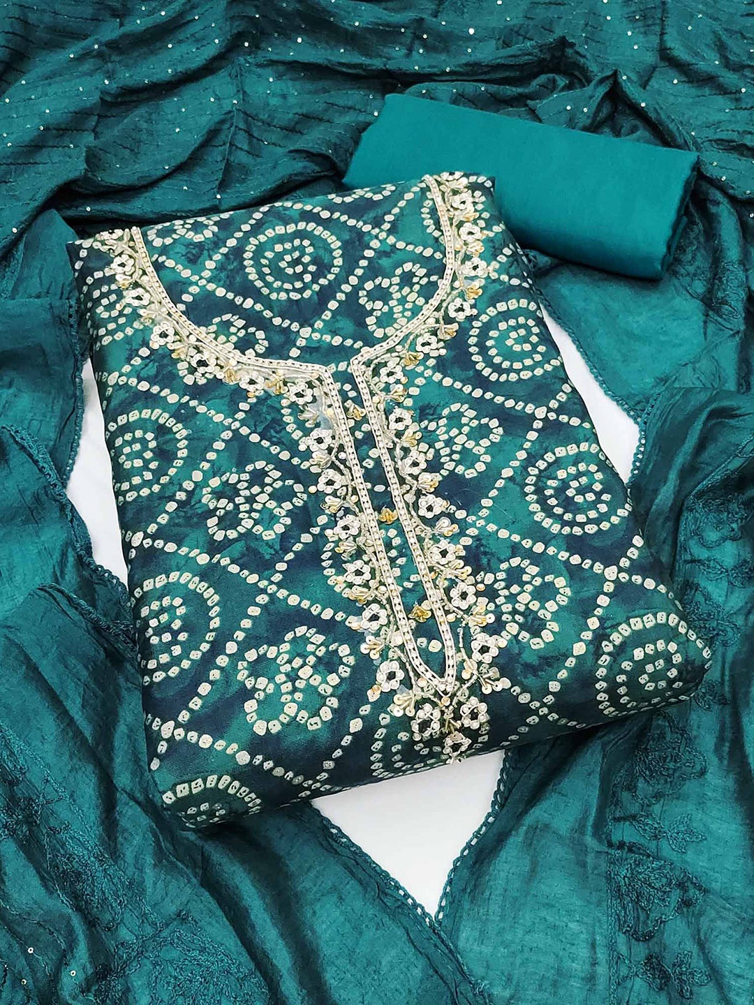 

Peachmode Bandhani Printed Beads and Stones Unstitched Dress Material, Green