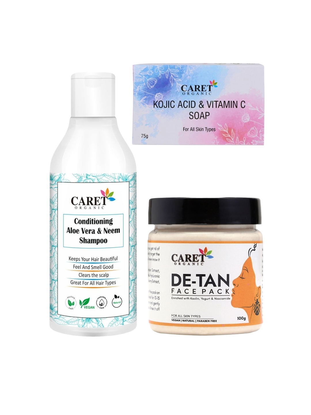 

CARET ORGANIC Set Of 3 Shampoo 250ml & Soap 75g & De-Tan Face Pack 100g, White