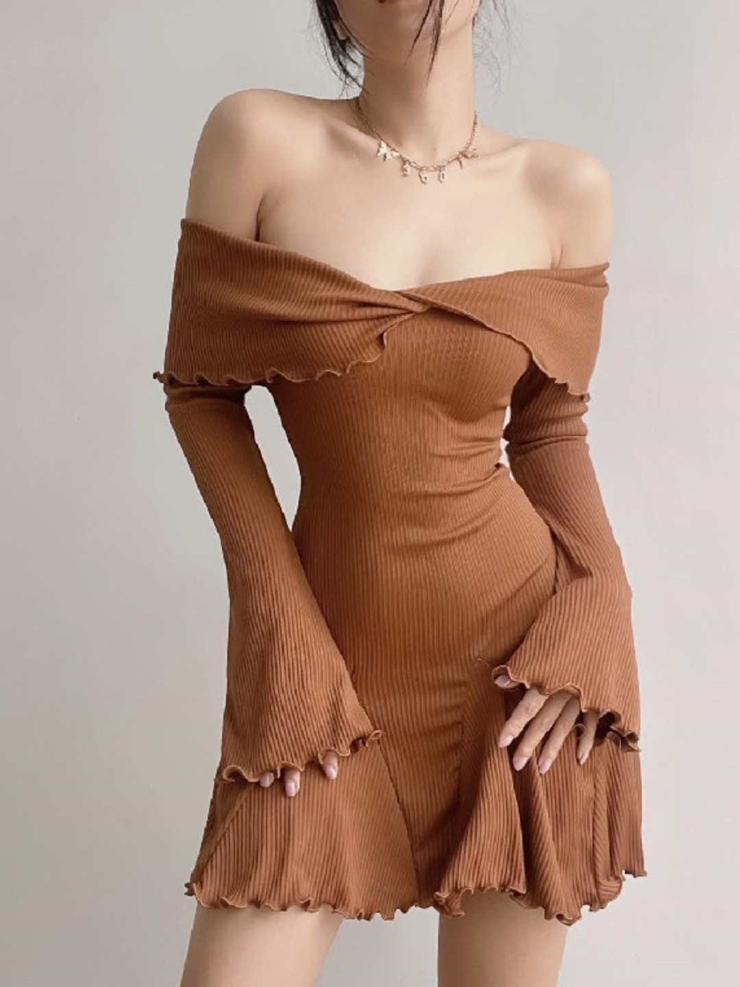 

KPOP Women Off-Shoulder A-Line Dress, Brown