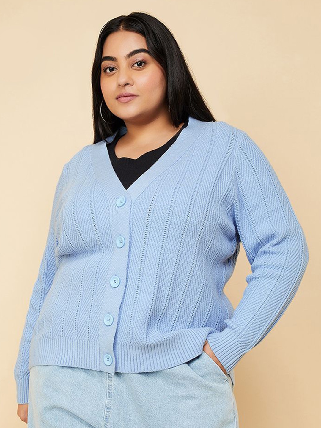 

max Women Plus Size Self Design Casual Striped Sweaters, Blue