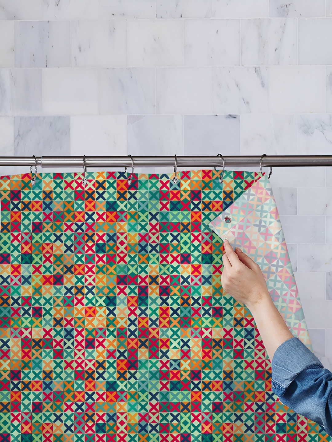 

ArtzFolio Green & Red Geometric Printed Waterproof Shower Curtain