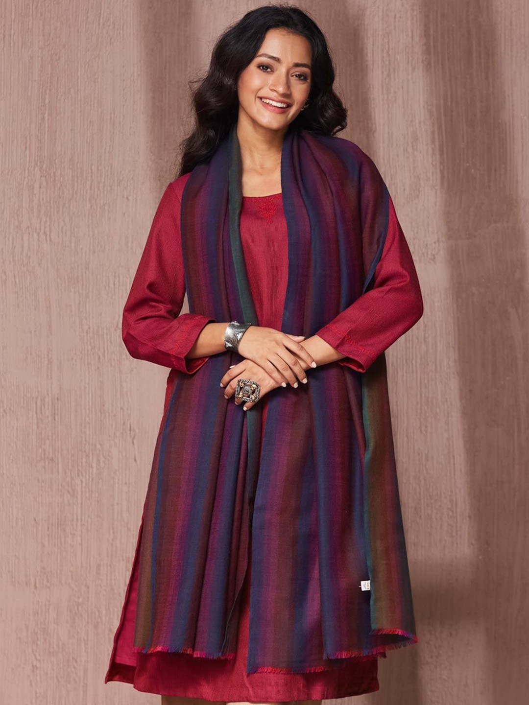 

Fabindia Striped Woven Design Woollen Shawl, Purple