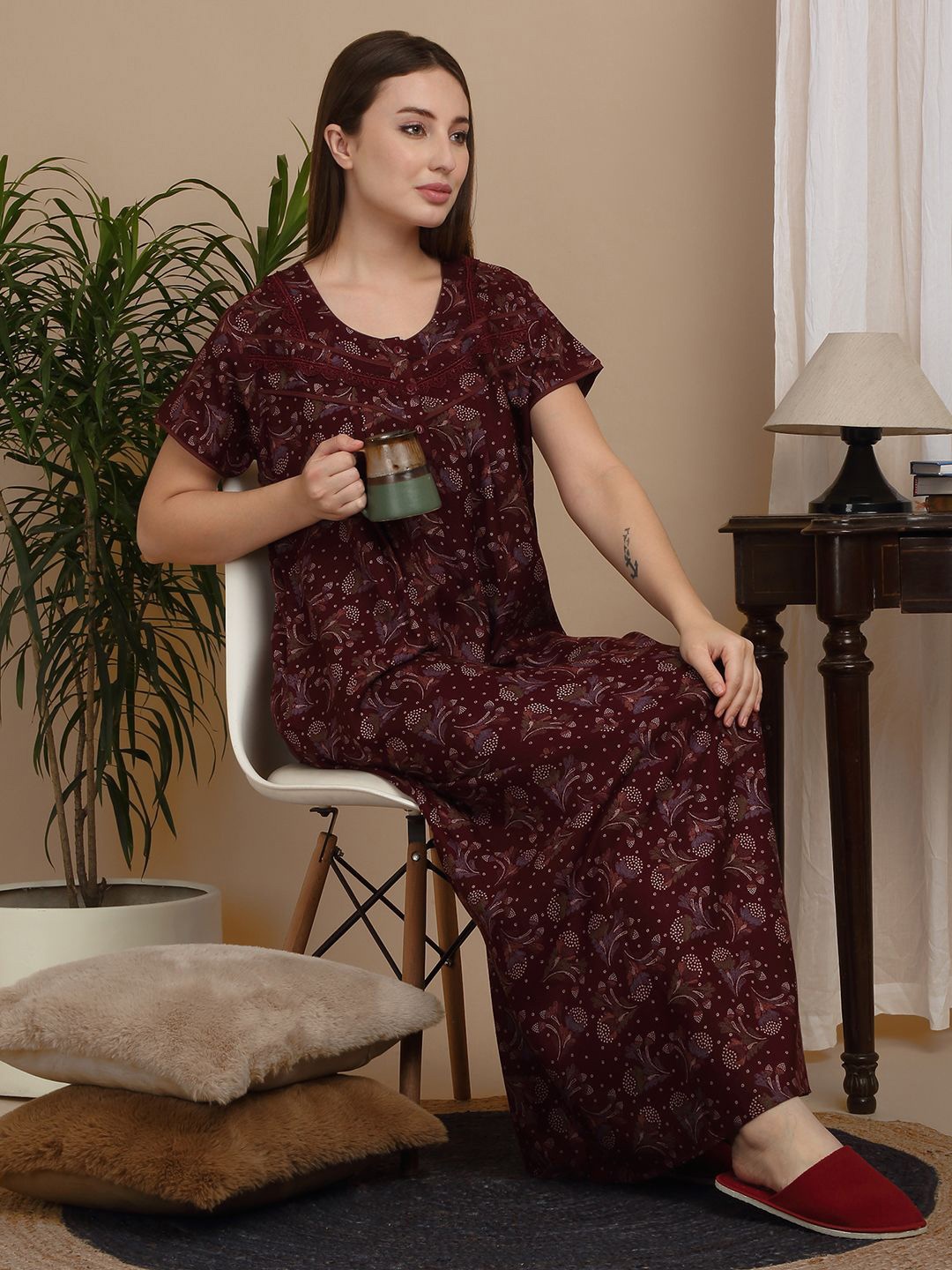 

Sweet Dreams Women Printed Maxi Nightdress, Red