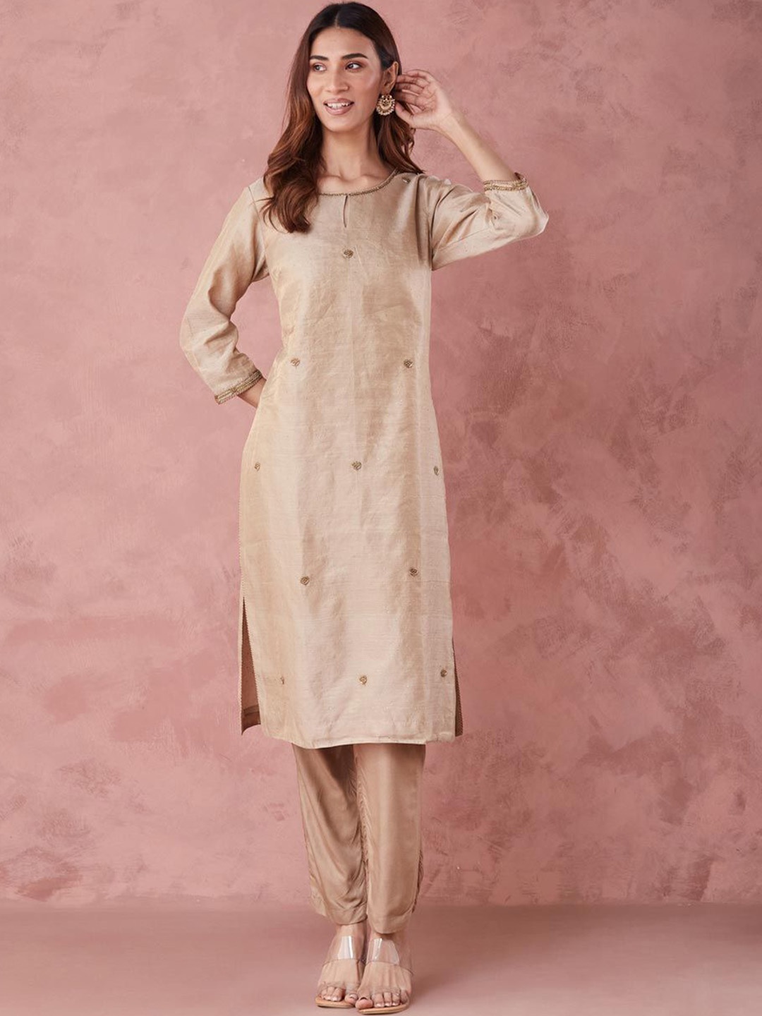 

Fabindia Ethnic Motifs Embellished Cotton Silk Straight Kurta, Beige