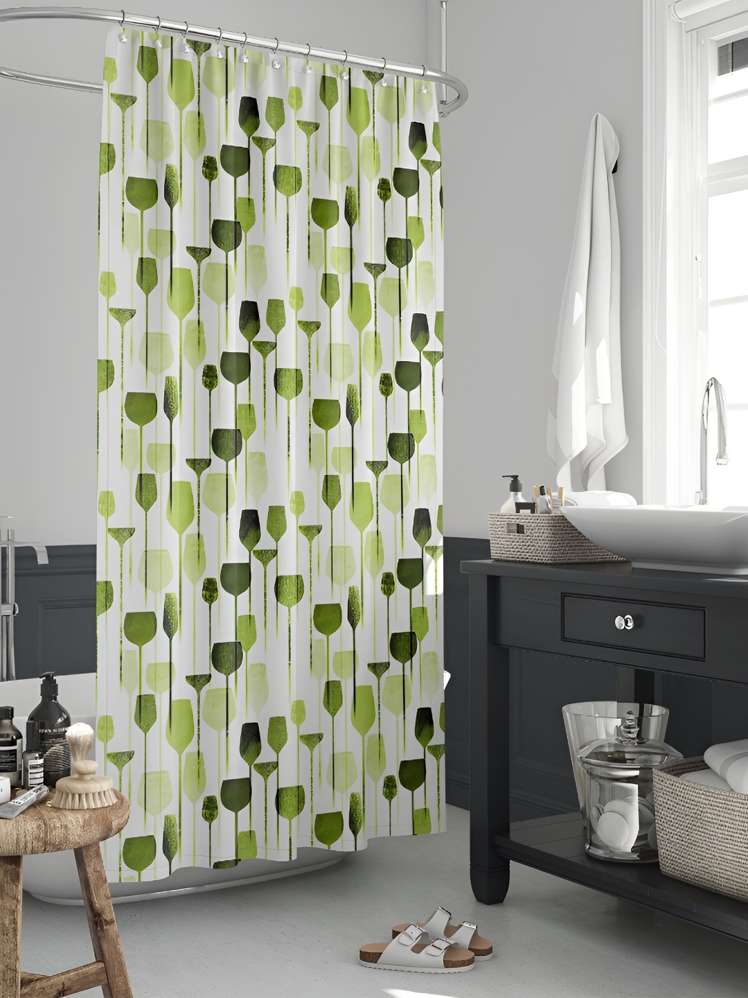 

ArtzFolio White & Green Printed Waterproof Shower Curtain