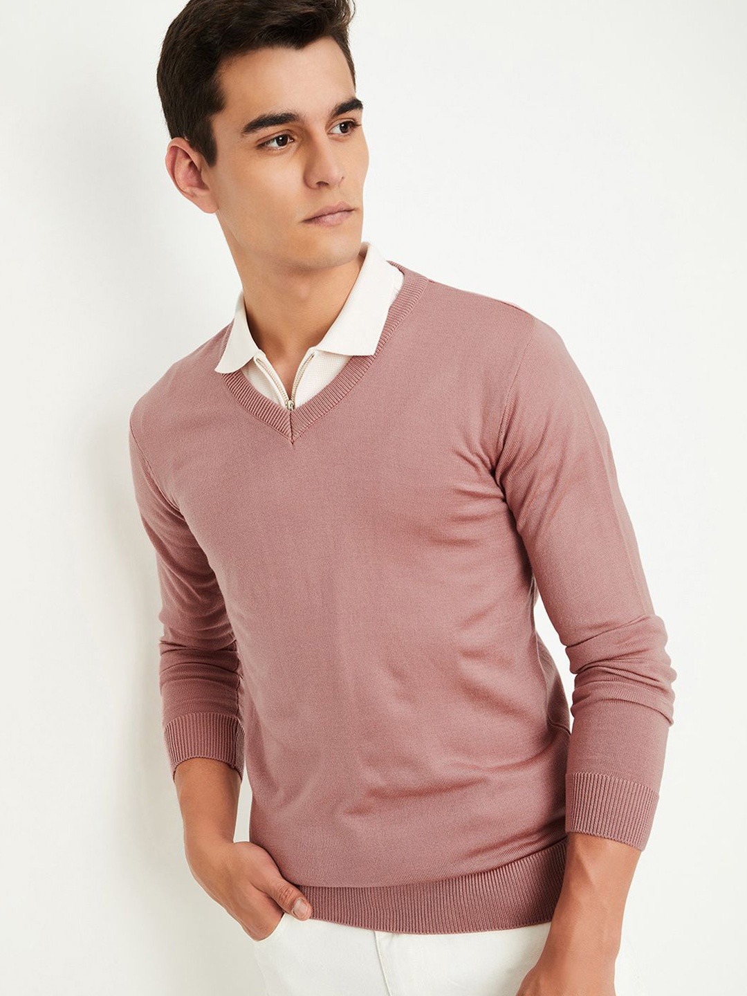 

max Men Long Sleeves Casual Pullover Sweaters, Pink