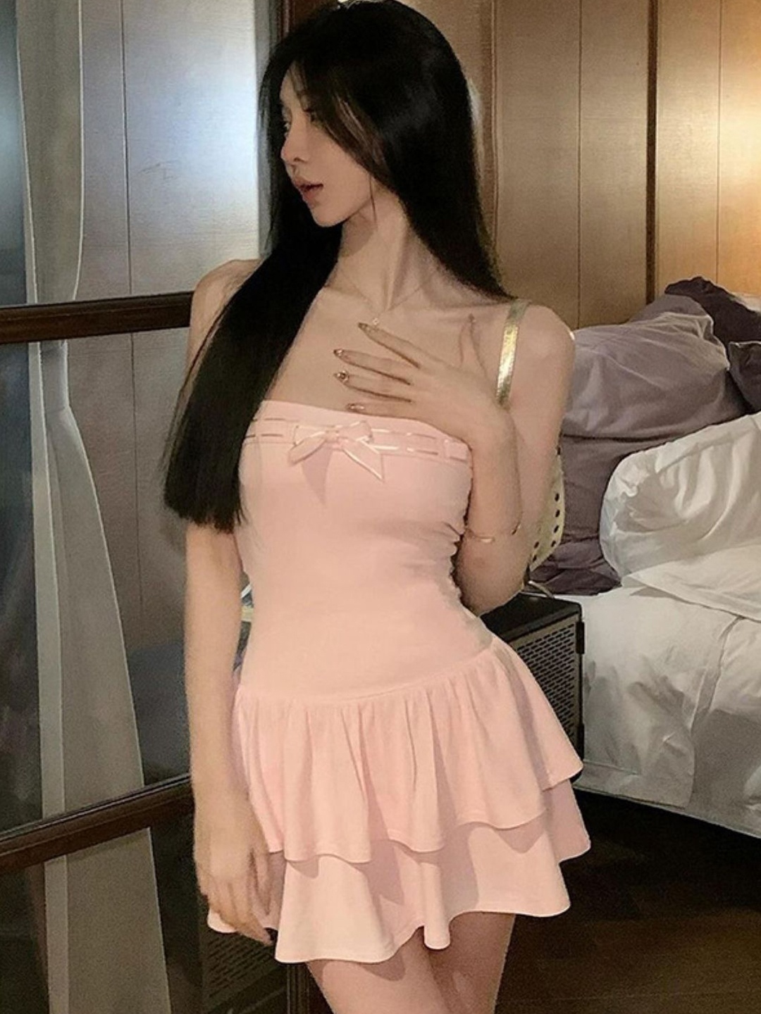 

KPOP Women Off-Shoulder Fit and Flare Dress, Pink