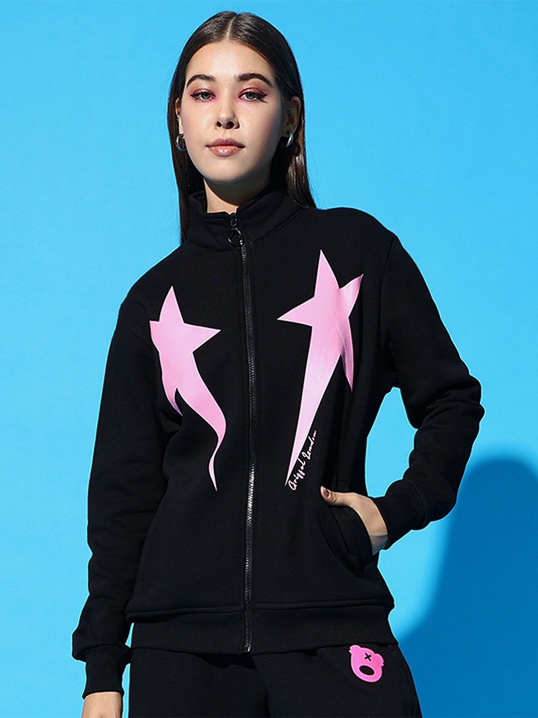 

GRIFFEL Women Graphic Printed Front-Open Sweatshirt, Black