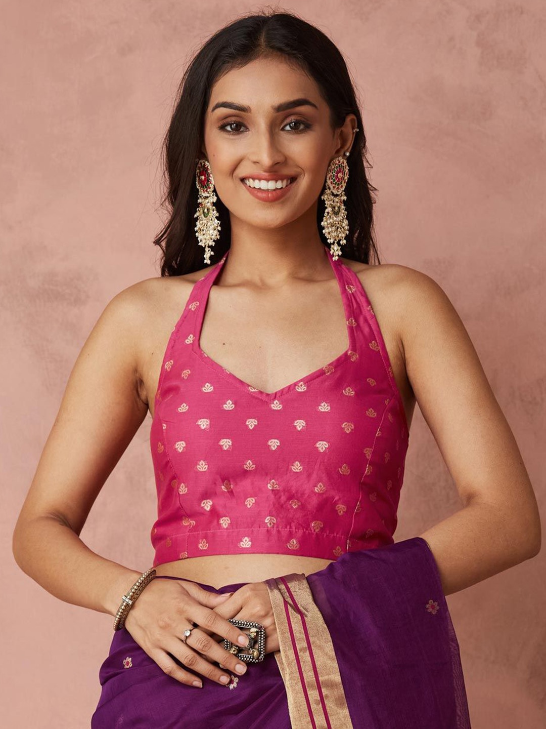 

Fabindia Women Woven Design Halter Neck Sleeveless Saree Blouse, Pink