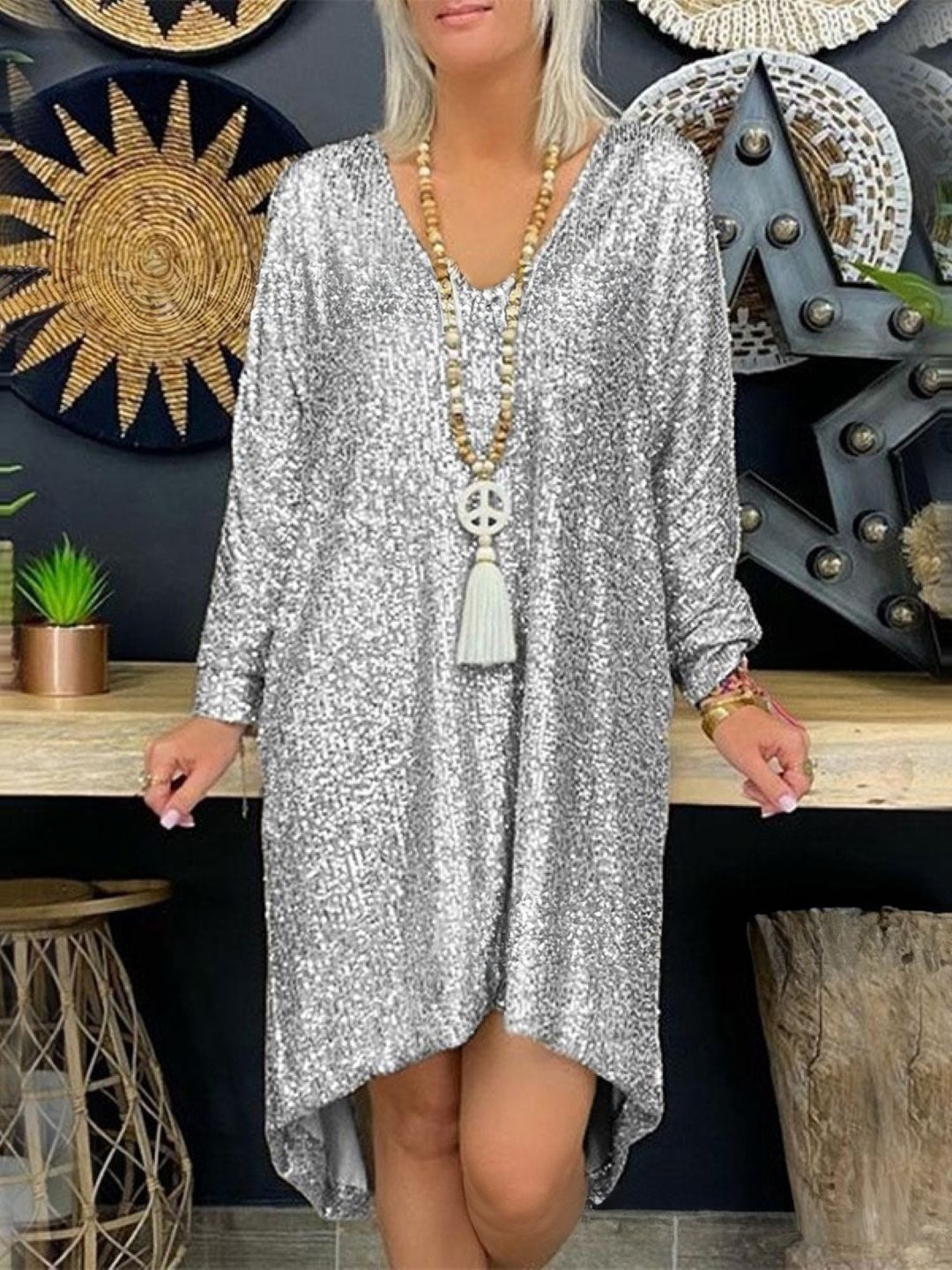 

HERE&NOW Embellished V-Neck Long Sleeves A-Line Dress, Silver