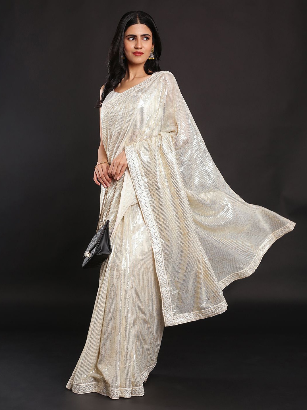 

Kalyan Silks Embellished Sequinned Bagru Saree, Cream