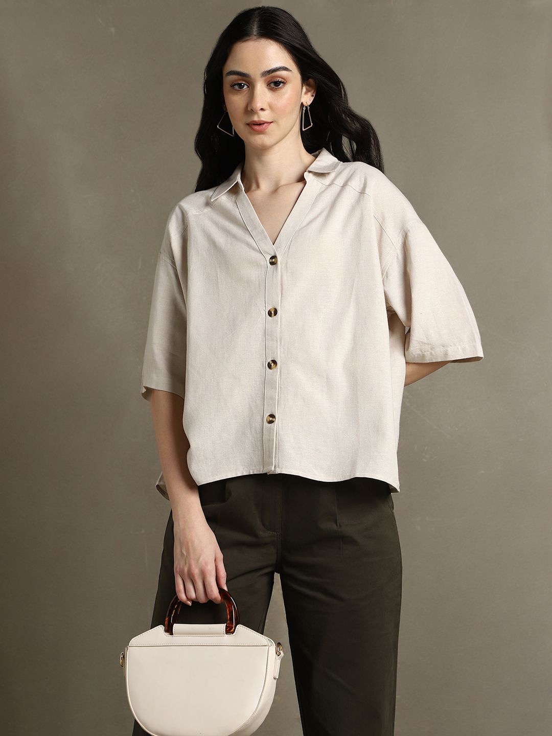 

DL Woman Spread Collar Solid Cotton Oversized Casual Shirt, Beige