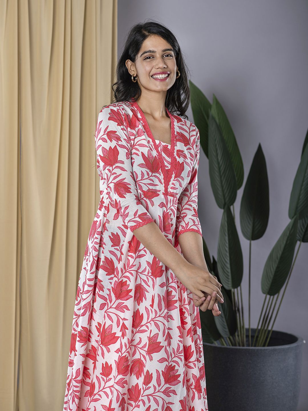 

KALINI Women Floral Print Pure Cotton Formal Fit & Flare Midi Dress, Red