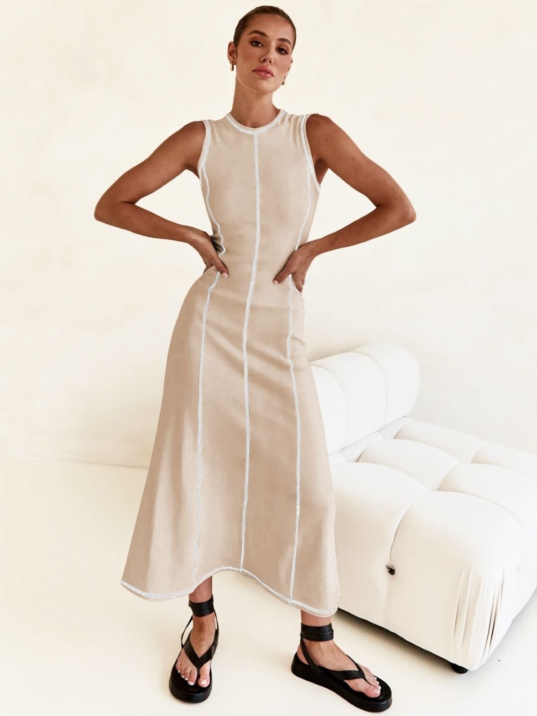 

StyleCast Women Striped Round Neck A-Line Maxi Dress, Khaki