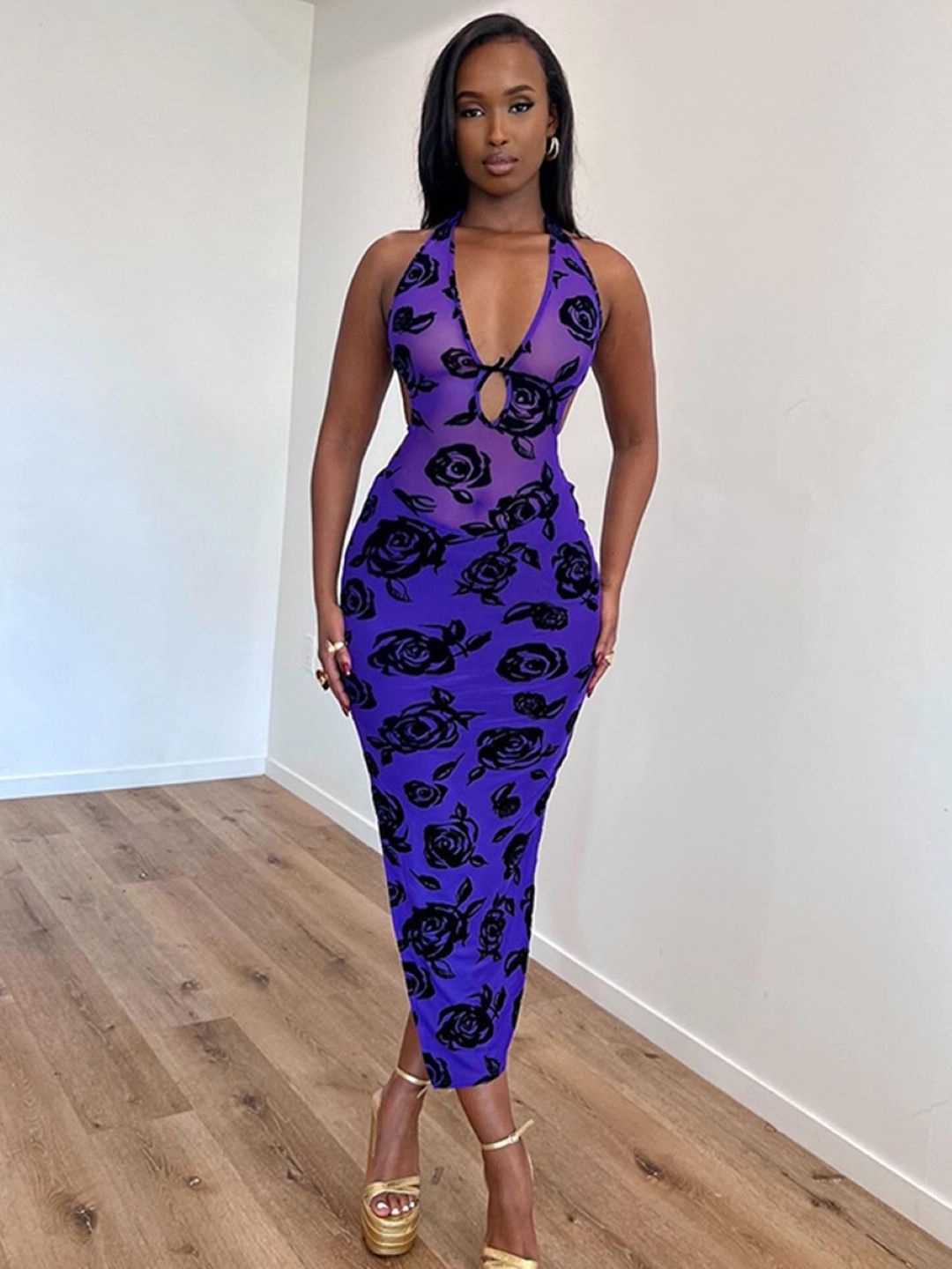 

KPOP Women Floral Print Bodycon Midi Dress, Navy blue