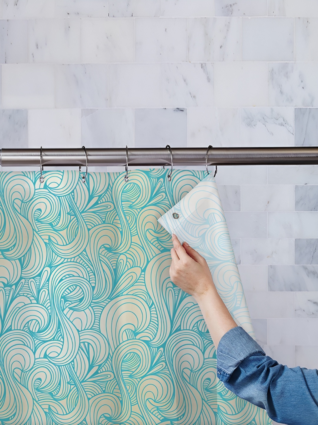 

ArtzFolio Beige & Blue Printed Waterproof Shower Curtain