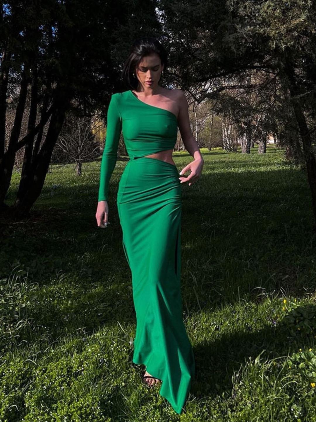 

KPOP Women One Shoulder Long Sleeves Bodycon Maxi Dress, Green