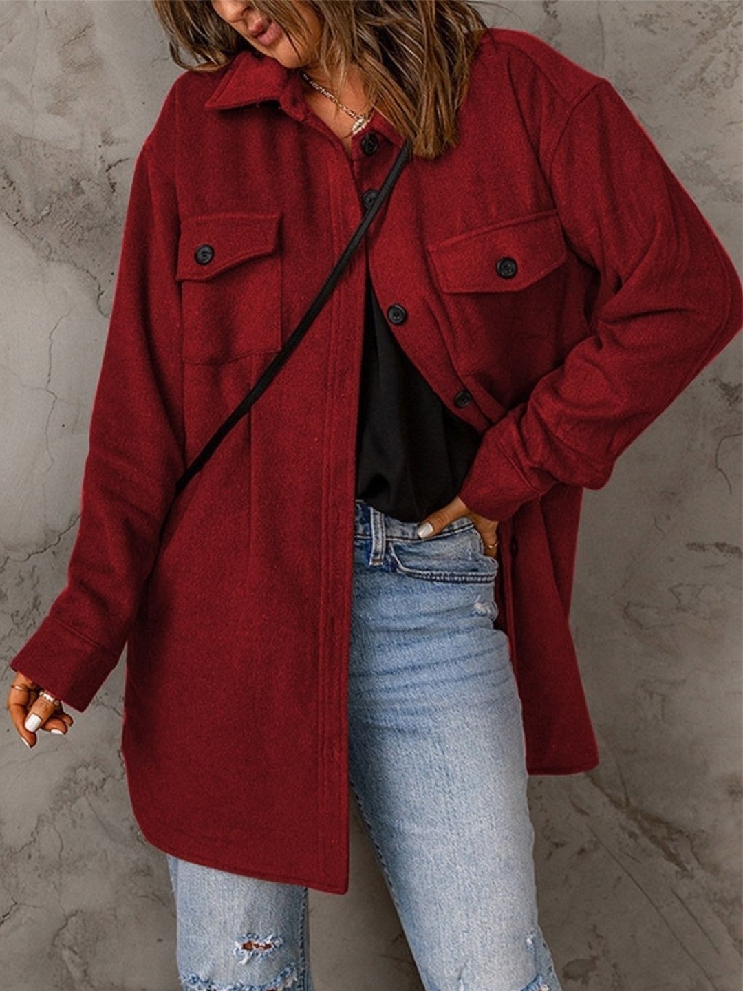 

StyleCast Women Shirt Collar Above Knee Long Sleeves Shirt Dress, Red