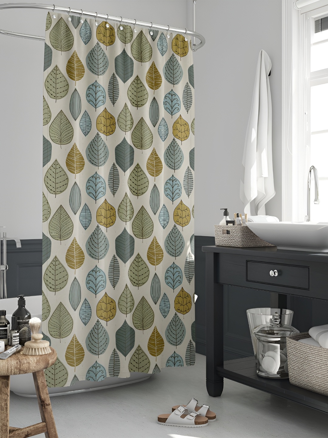 

ArtzFolio Beige & Green Printed Water Proof Shower Curtain