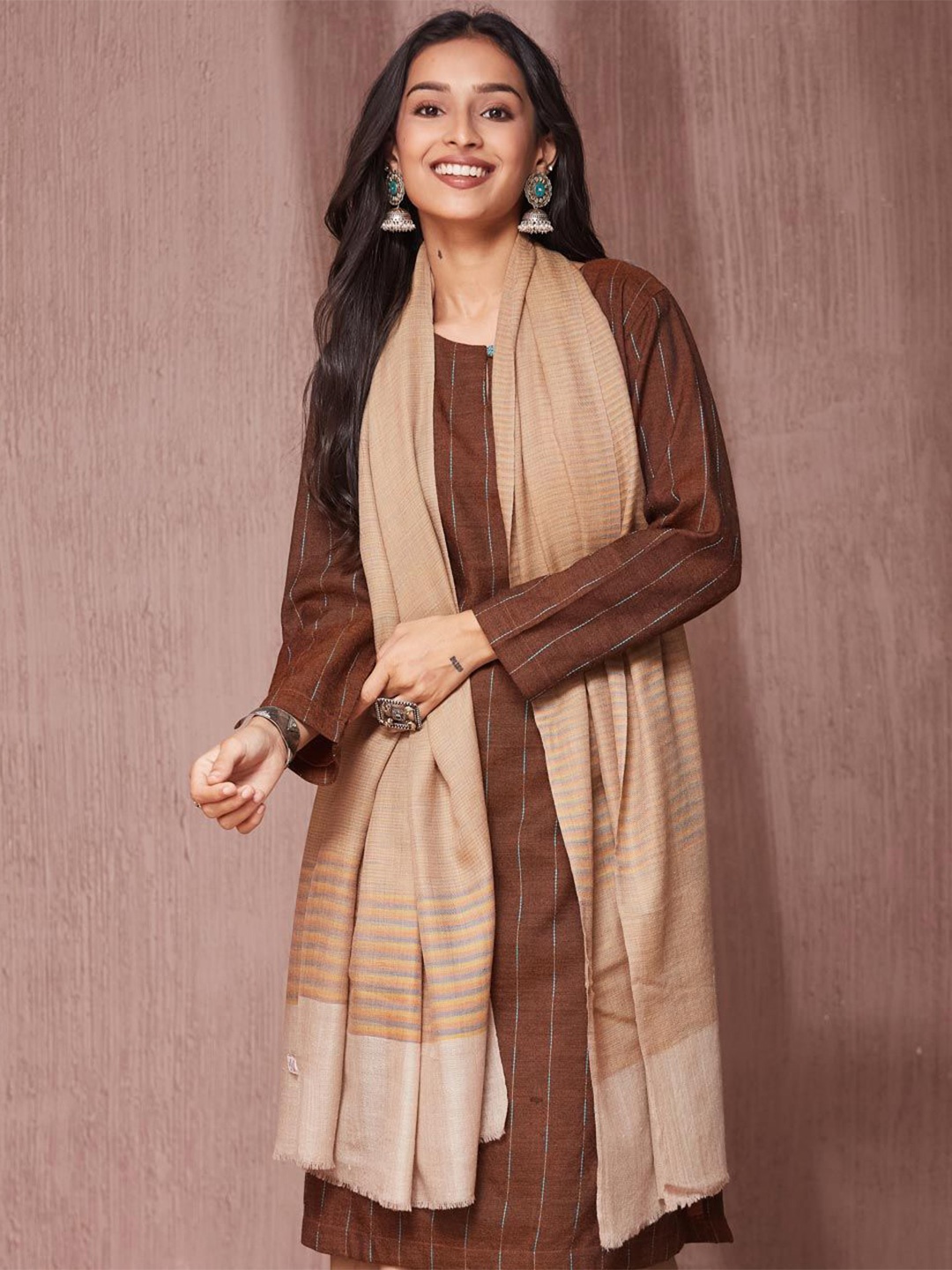 

Fabindia Women Woven Design Wool Winter Stole, Beige