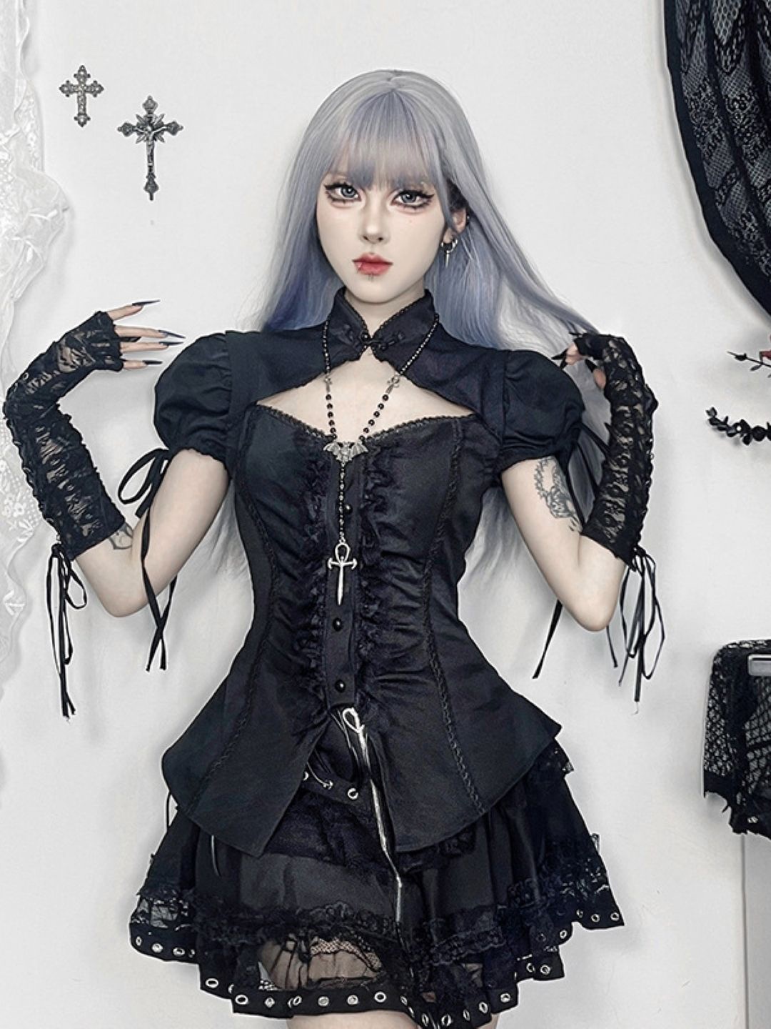 

KPOP Women Tie - Up Neck Fit - Flare Dress, Black