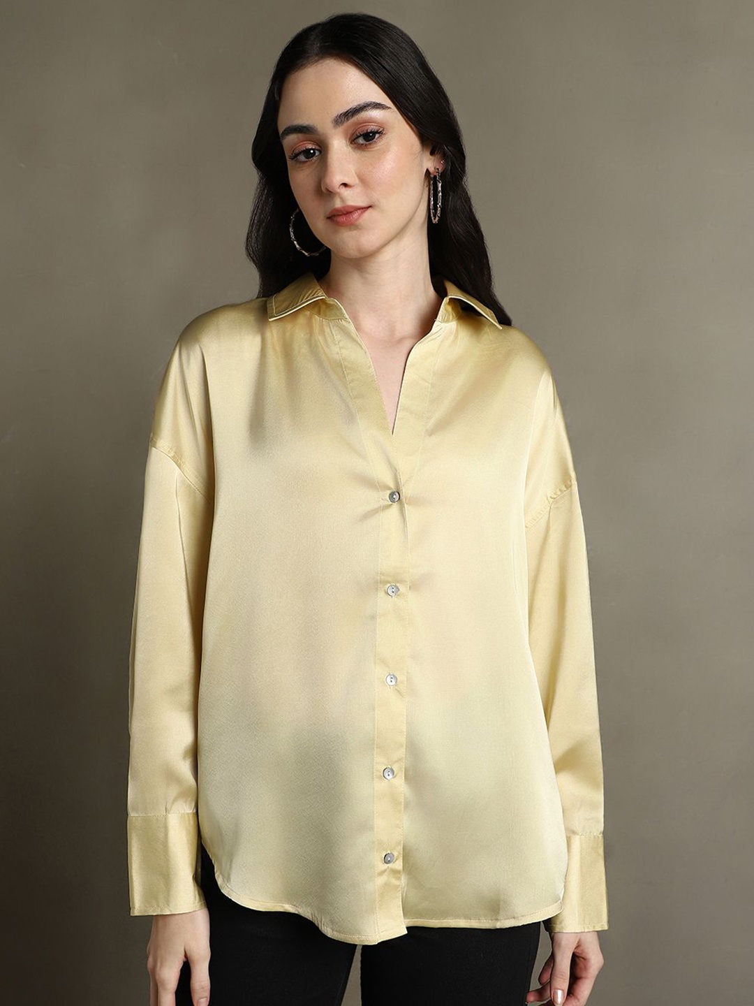 

DL Woman Spread Collar Solid Satin Relaxed Fit Casual Shirt, Yellow