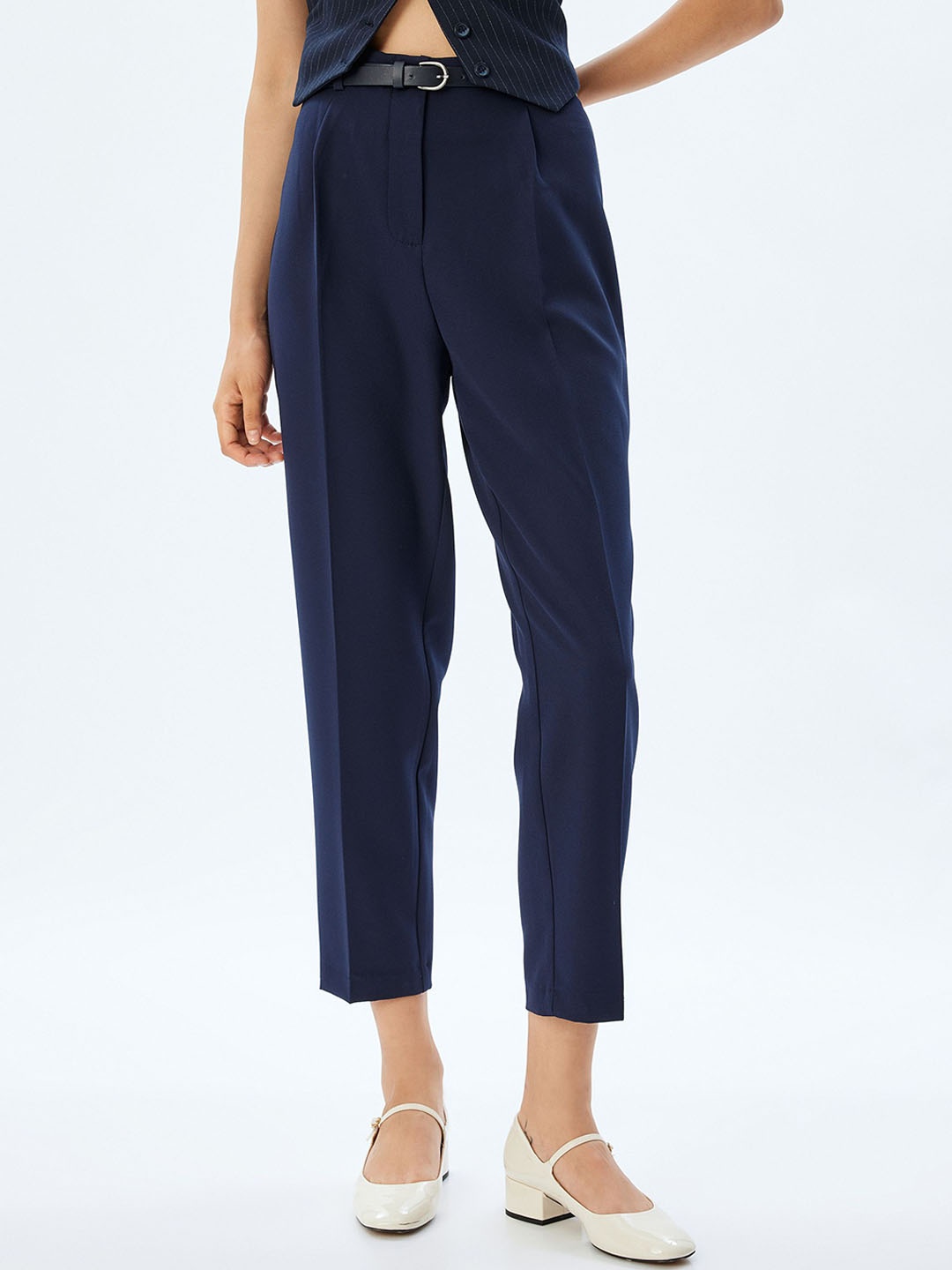 

Koton Women Slim Fit High-Rise Pleated Trouser, Navy blue