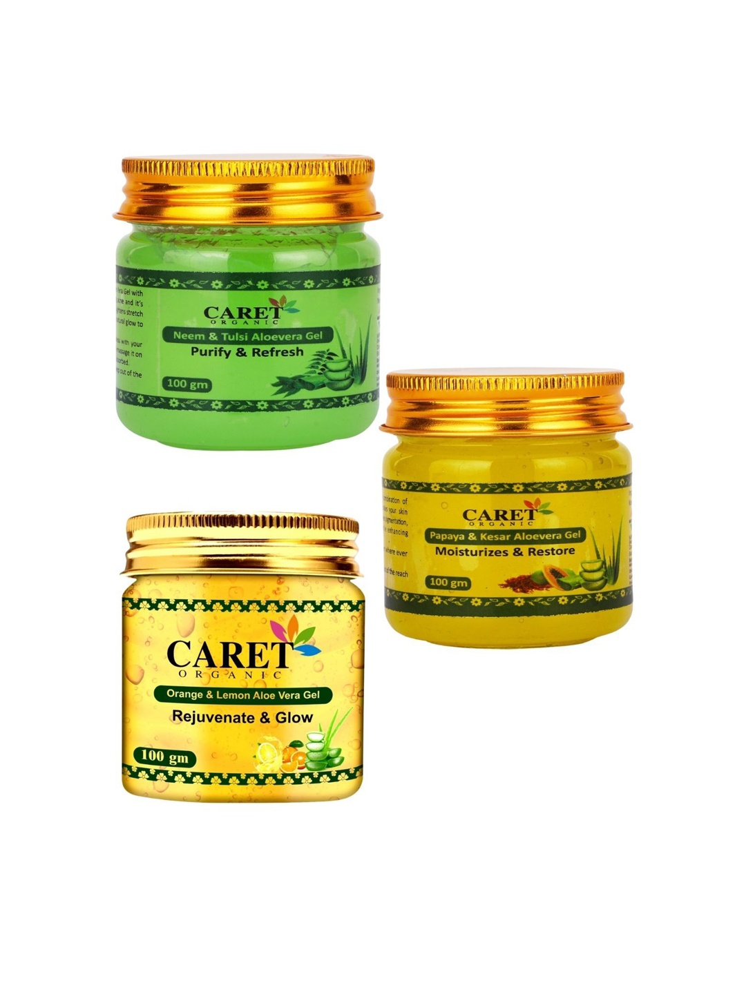 

CARET ORGANIC Set of 3 Aloevera , Papaya Kesar & Orange Lemon Gel, White