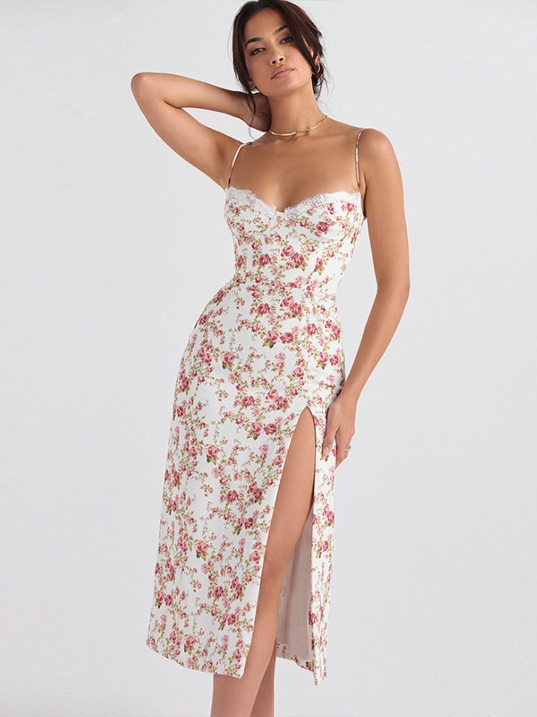 

KPOP Women Floral Print Shoulder Straps Sleeveless Bodycon Midi Dress, Red