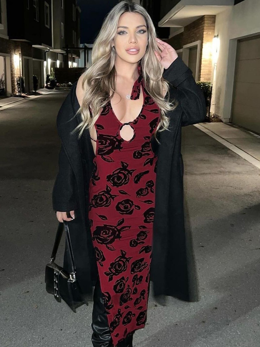 

KPOP Women Floral Printed Bodycon Midi Dress, Red