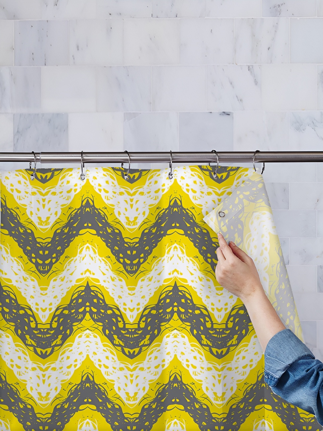 

ArtzFolio Yellow & White Printed Waterproof Shower Curtain