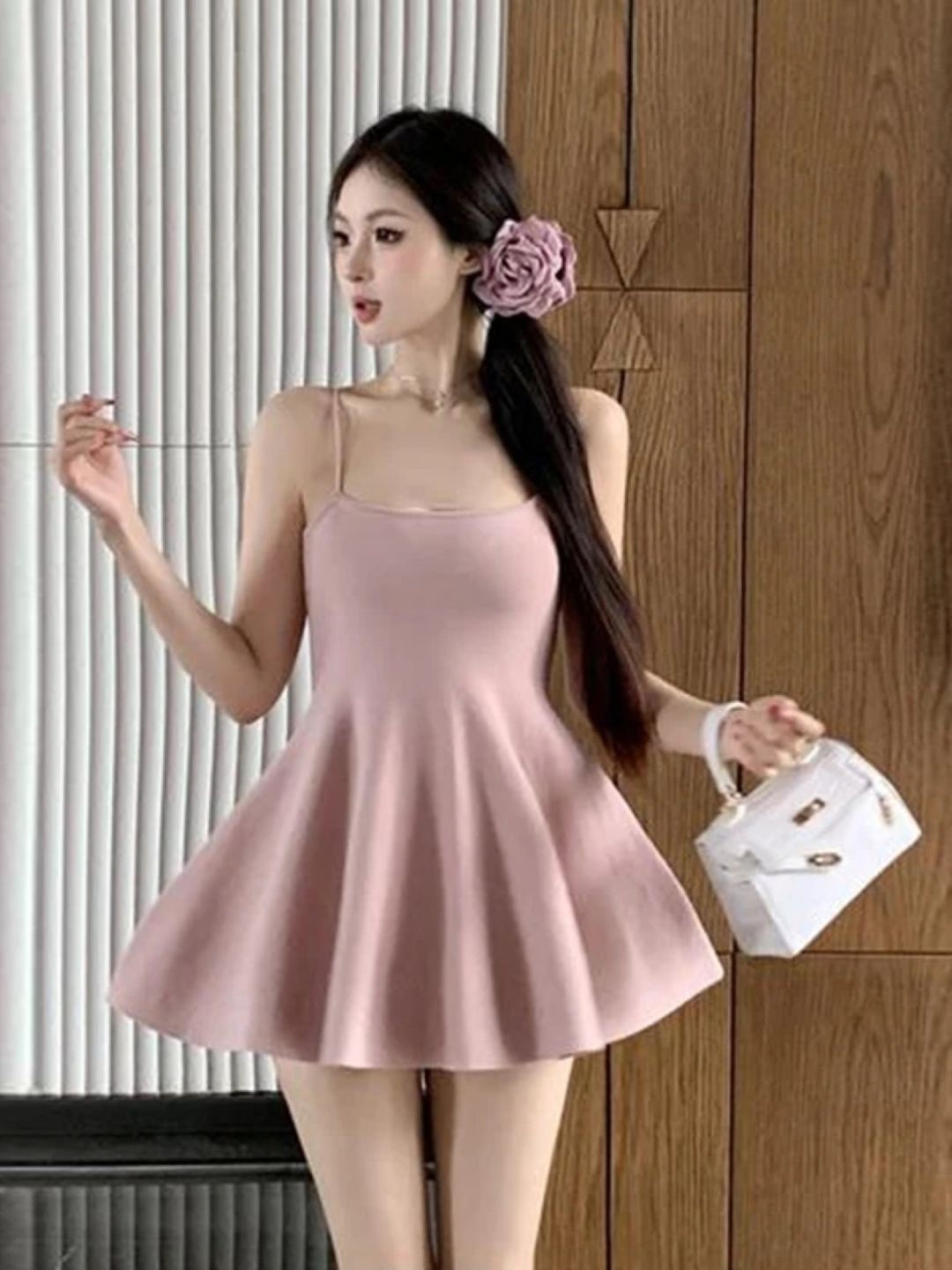 

KPOP Shoulder Straps Fit & Flare Mini Dress, Pink