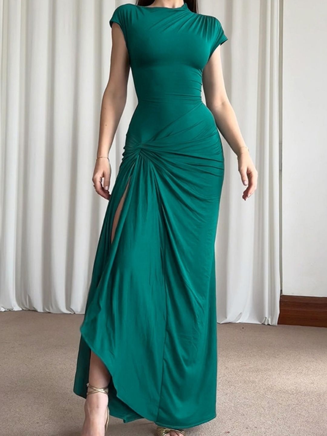 

KPOP Women Front Slit Bodycon Maxi Dress, Green