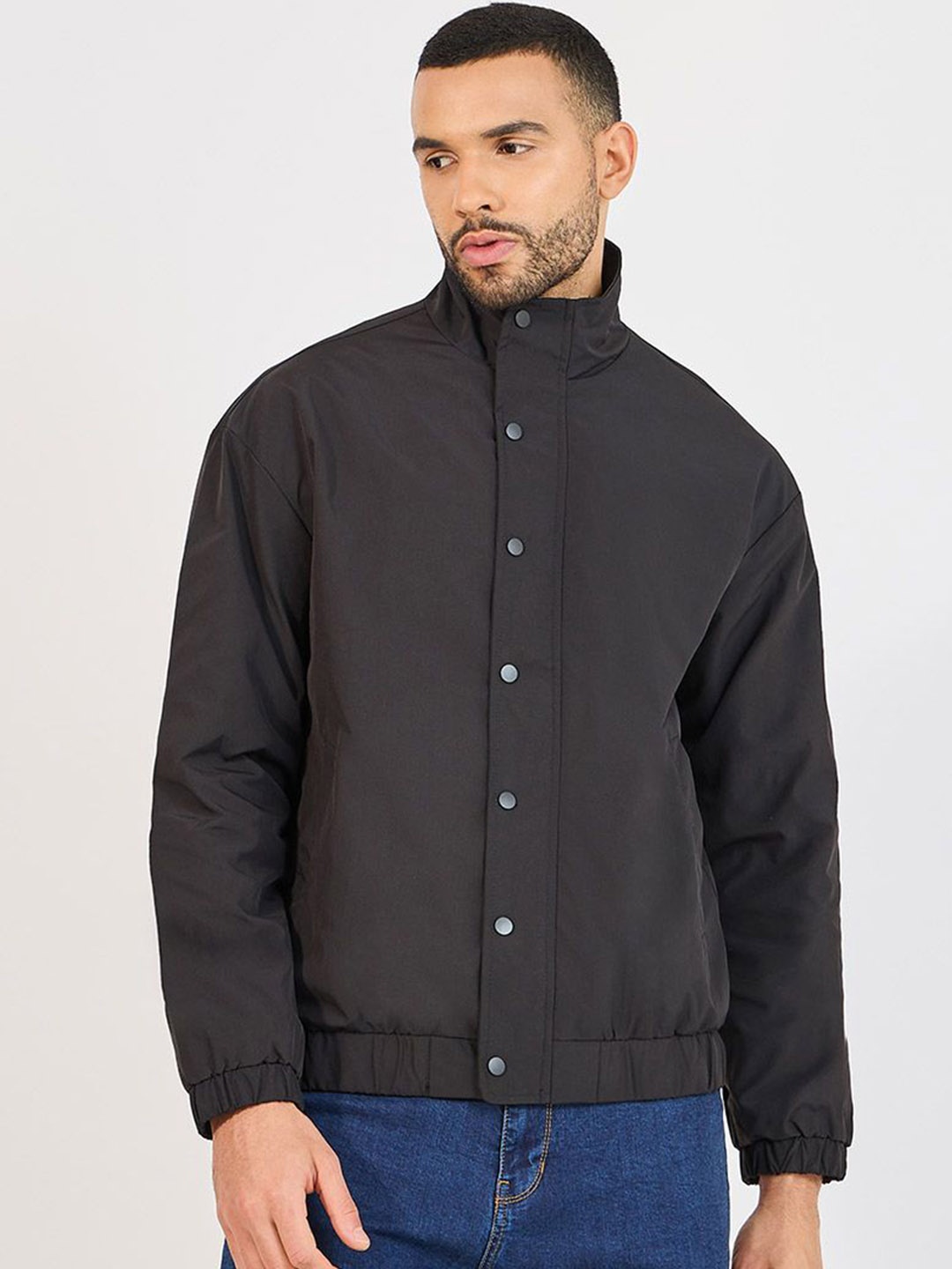 

Styli Black Typography Printed Mock Collar Puffer Jacket