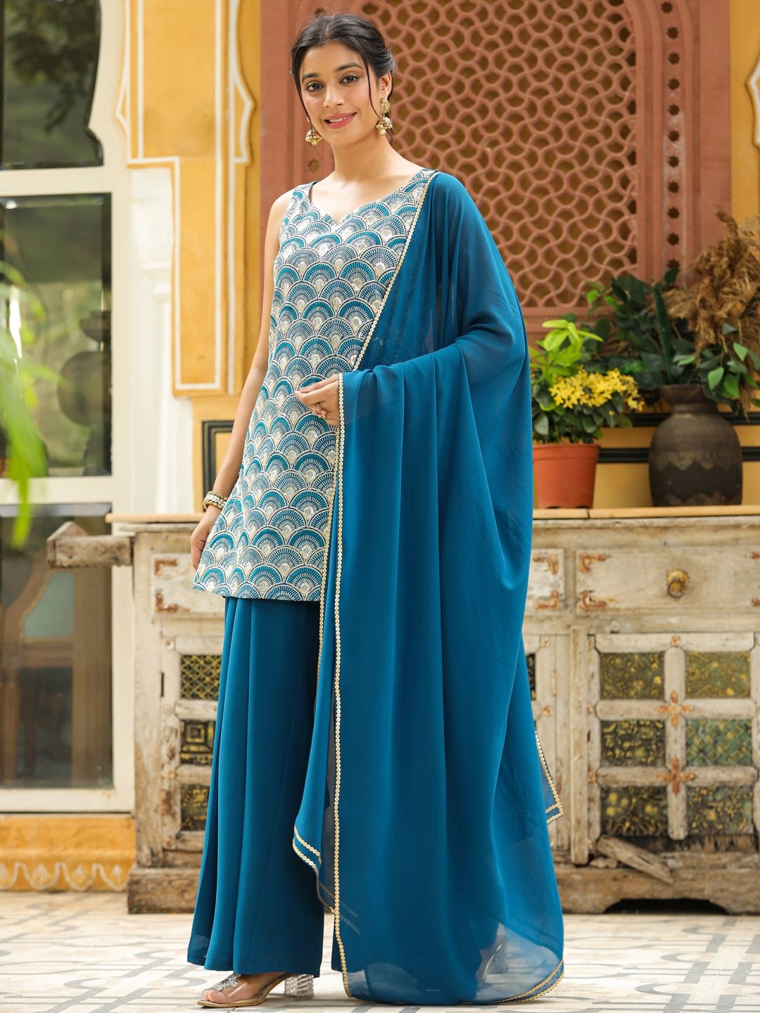 

Janasya Geometric Embroidered Sequinned Kurti with Sharara & Dupatta, Teal