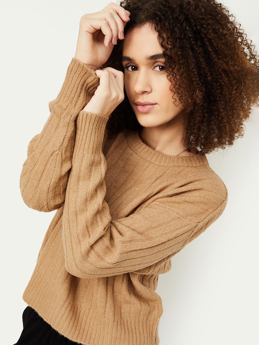 

max Women Striped Round Neck Long Sleeves Pullover Sweaters, Brown