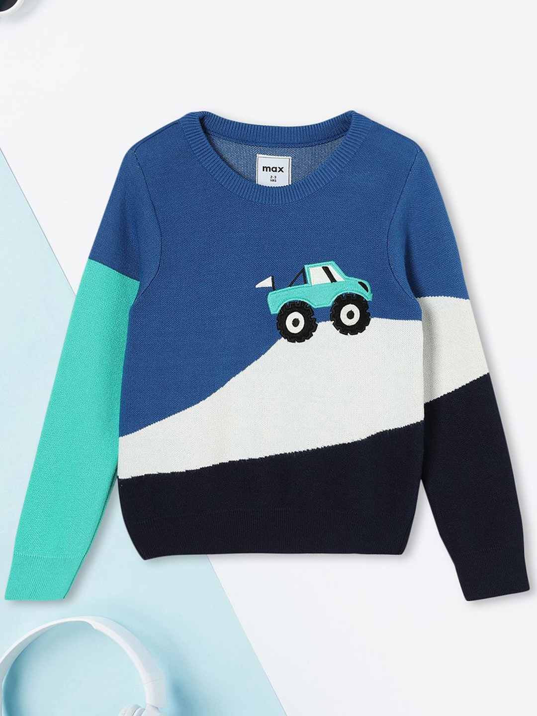 

max Boys Self Design Embroidered Detail Casual Pullover, Blue