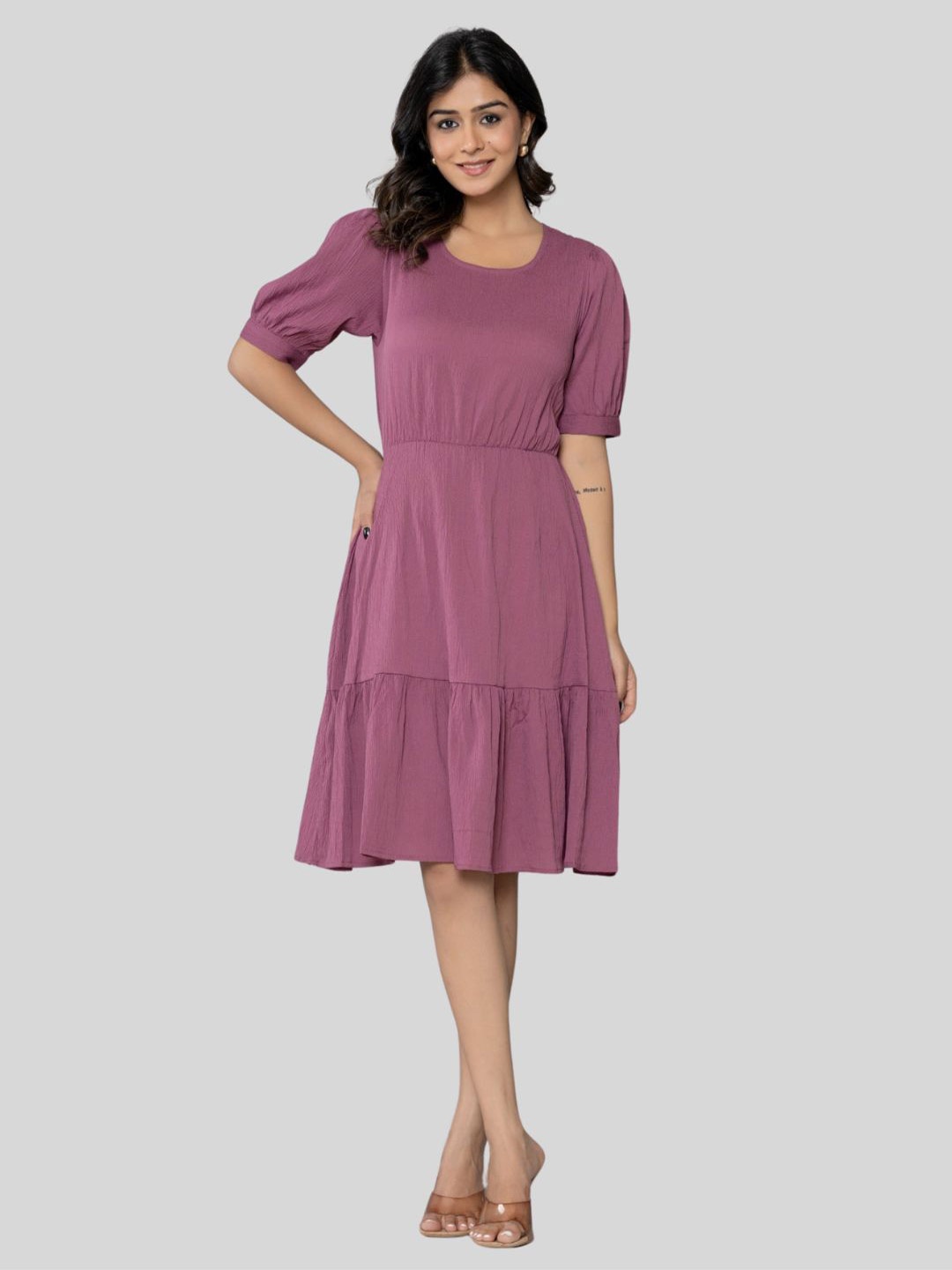 

Aanys Culture Women Round Neck Puff Sleeve Fit & Flare Midi Dress, Pink
