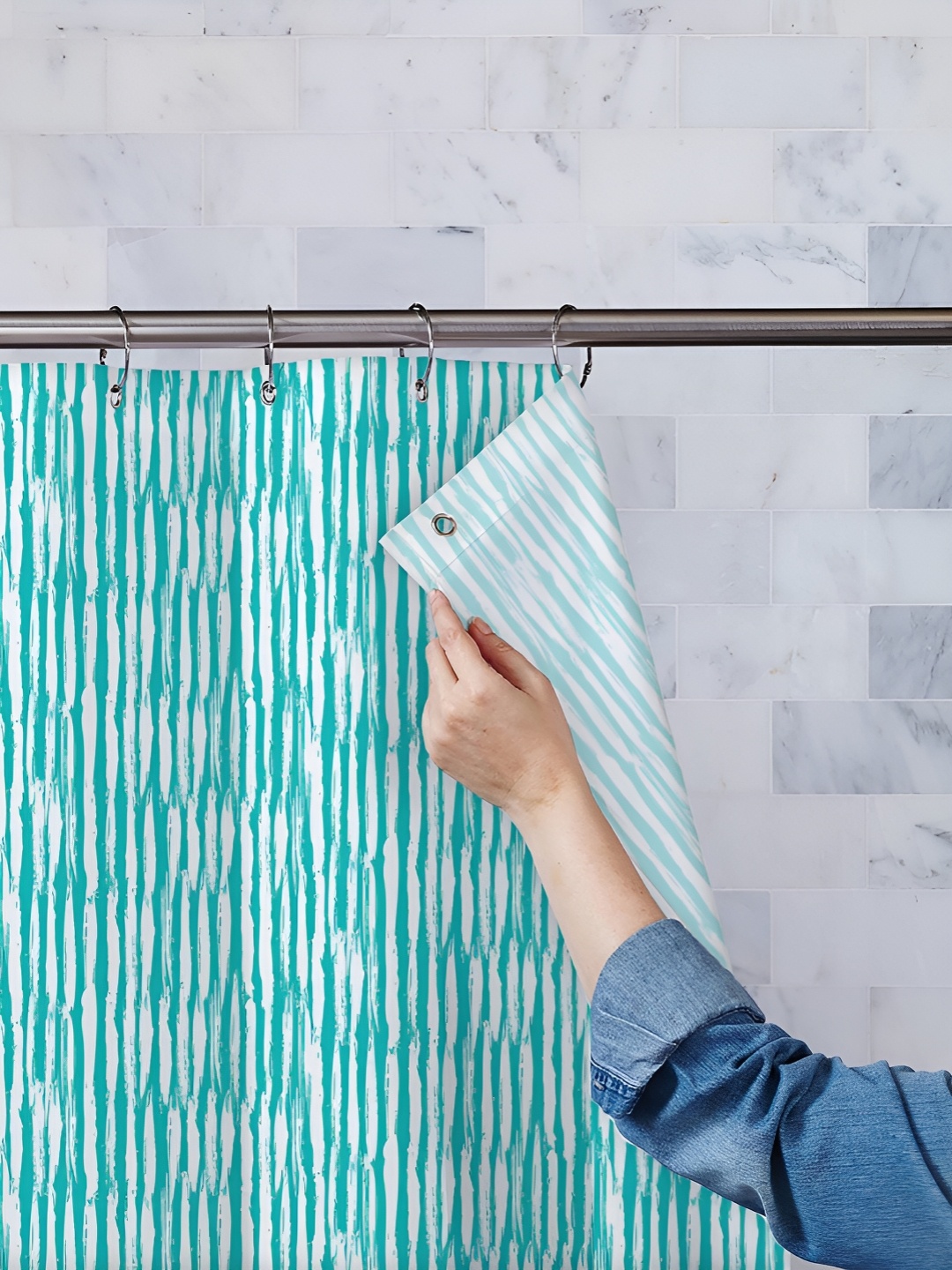 

ArtzFolio Blue & White Striped Printed Waterproof Shower Curtain