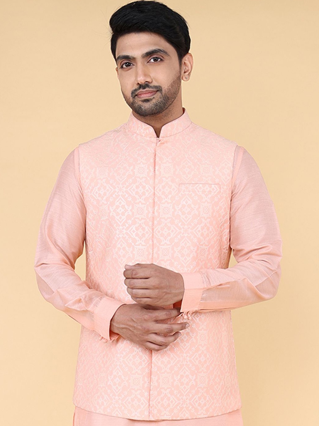 

ZOIS Men Printed Mandarin Collar Nehru Jackets, Pink
