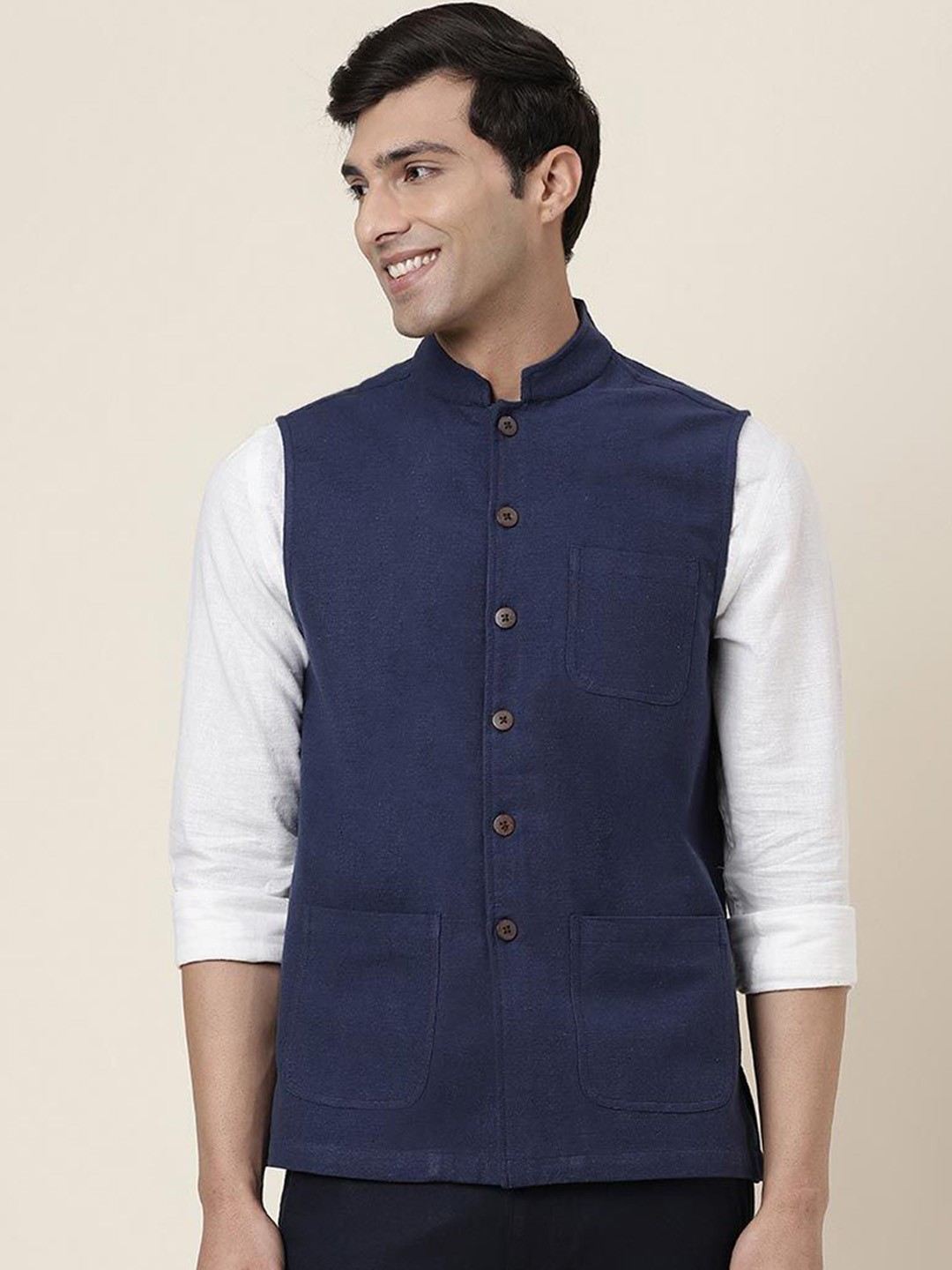 

Fabindia Woven Nehru Jacket, Navy blue
