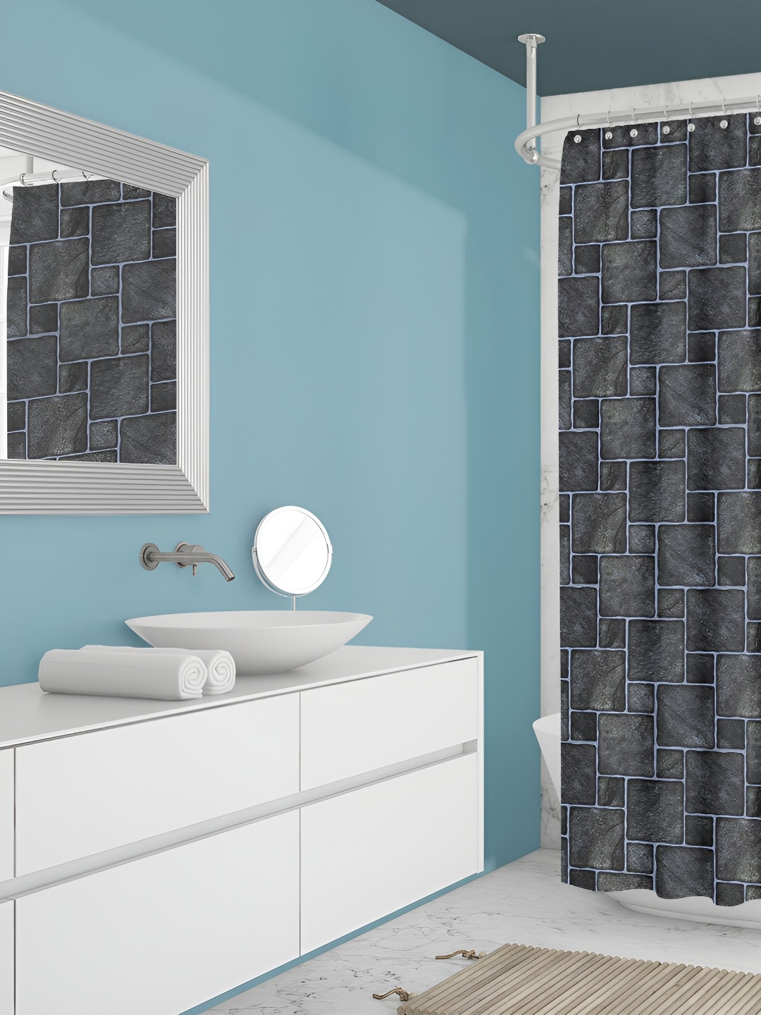 

ArtzFolio Black & Blue Printed Waterproof Shower Curtain