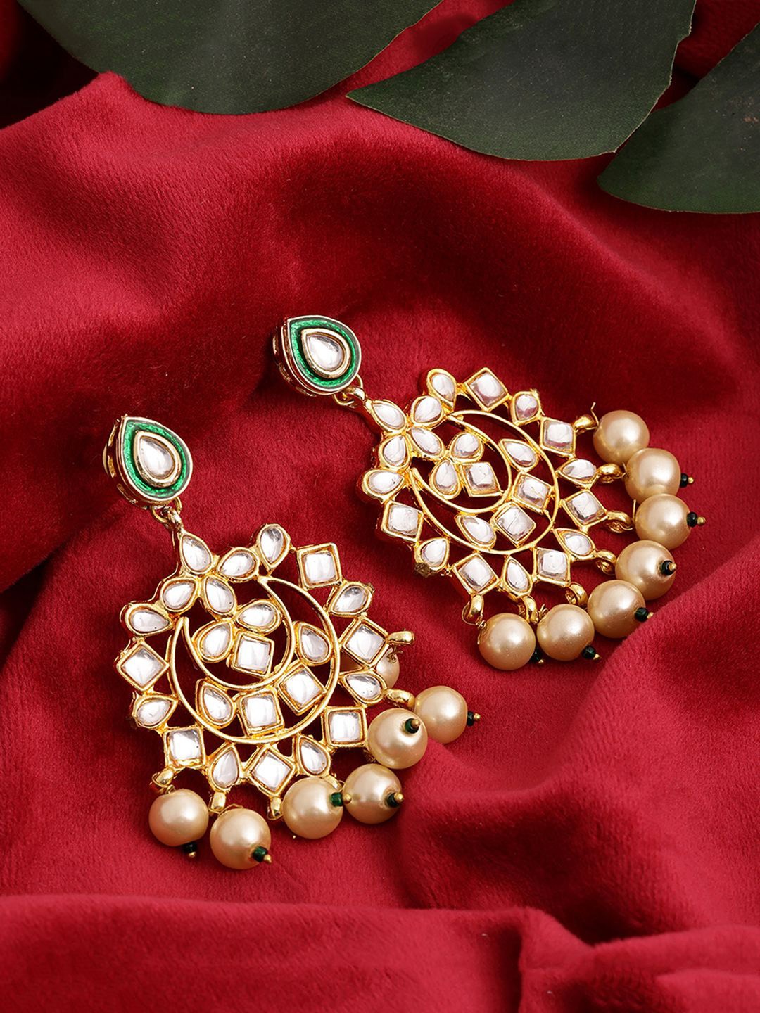 

Ruby Raang Gold-Plated Kundan Studded Contemporary Drop Earrings