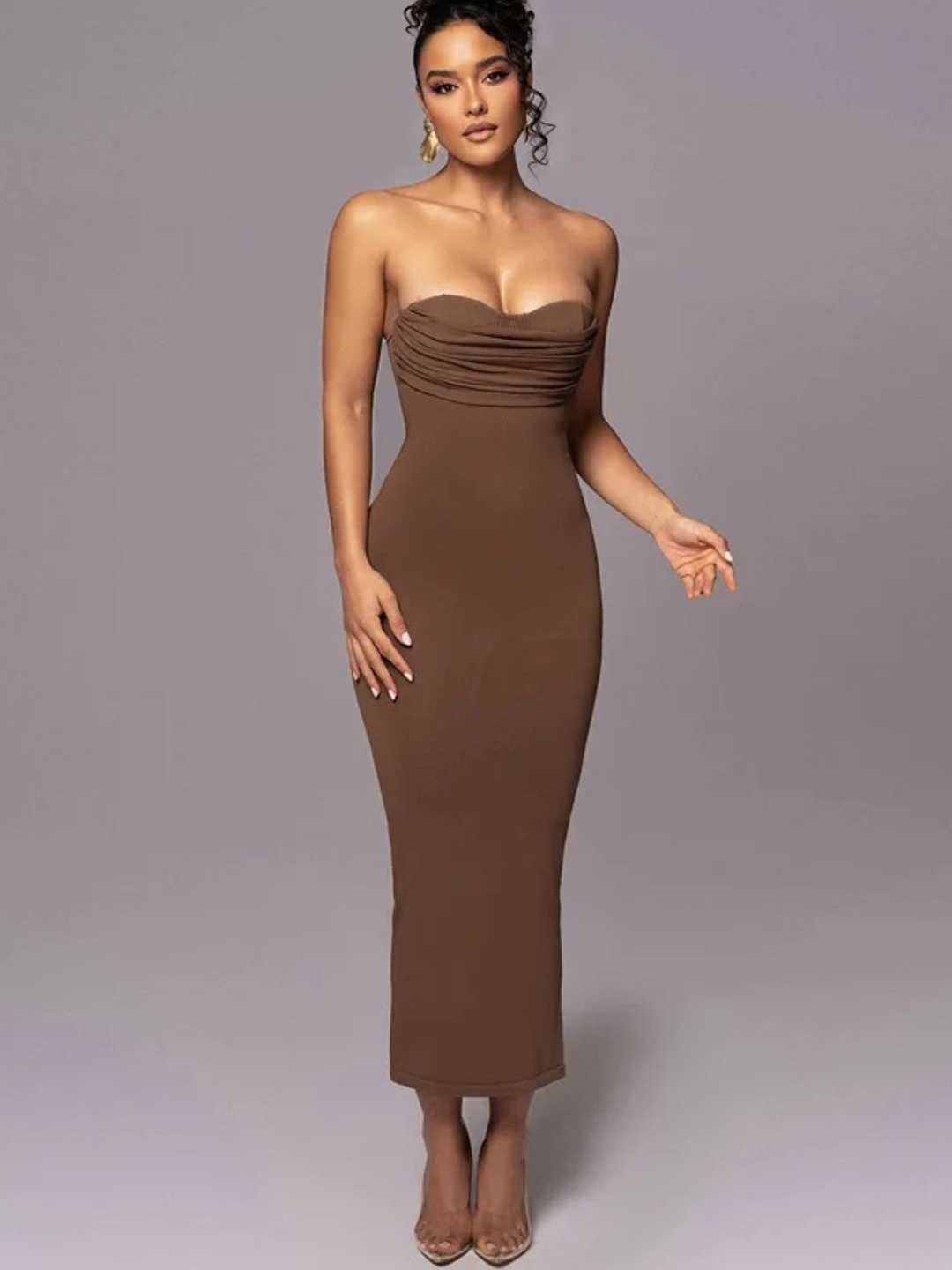 

KPOP Strapless Ruched Bandeau Dress, Brown