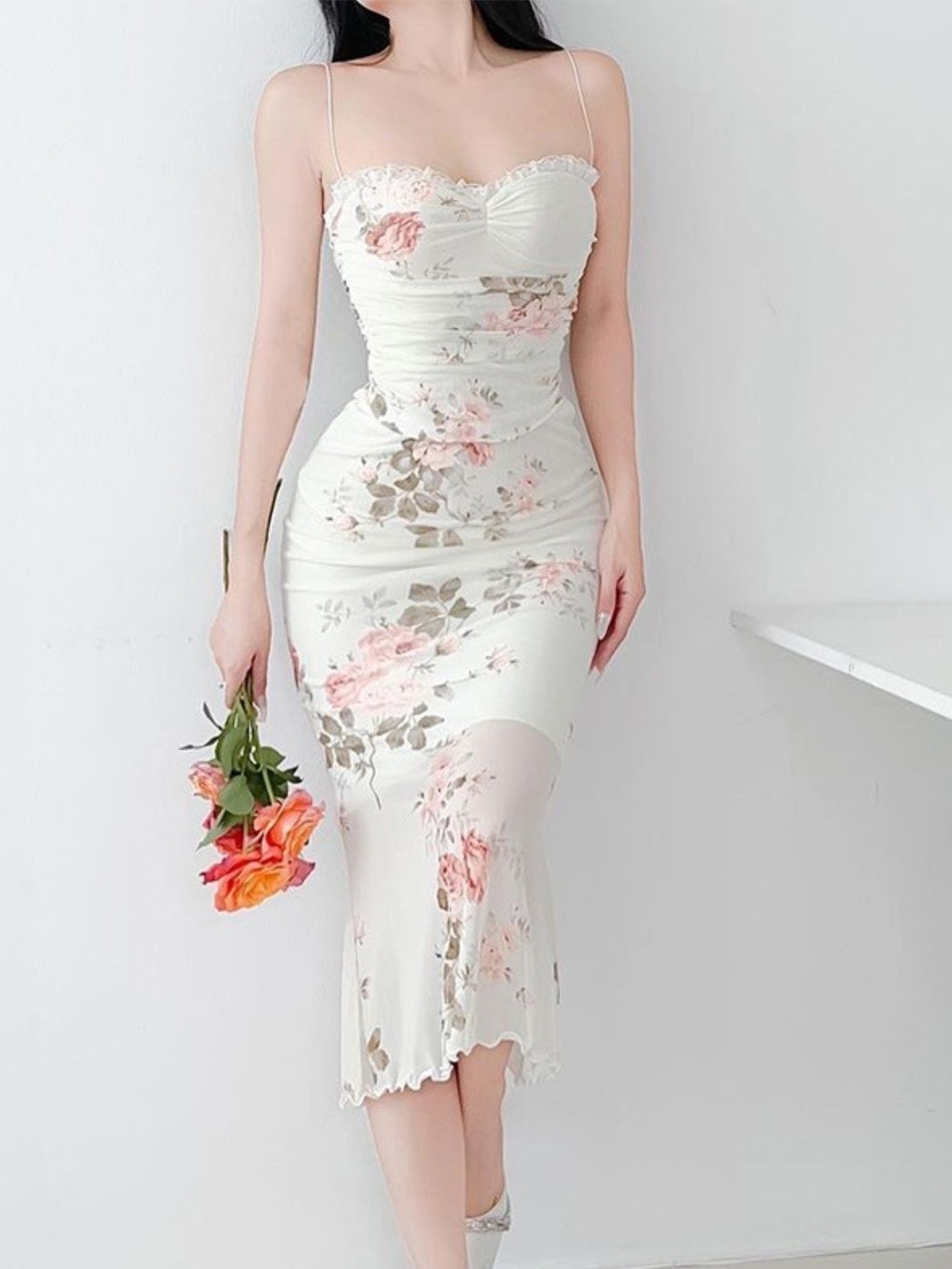 

KPOP Women Shoulder Straps Floral Printed Bodycon Midi Dress, White